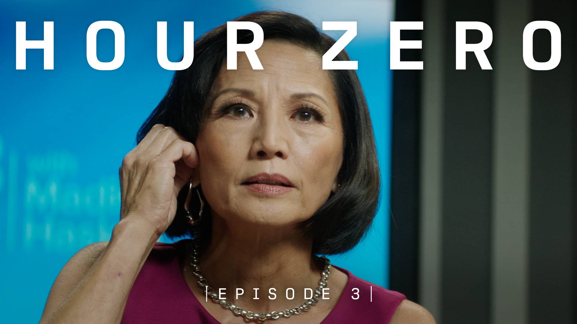 ACE COMBAT 8 Hour Zero live-action prequel series Episode 3 still of woman adjusting earpiece